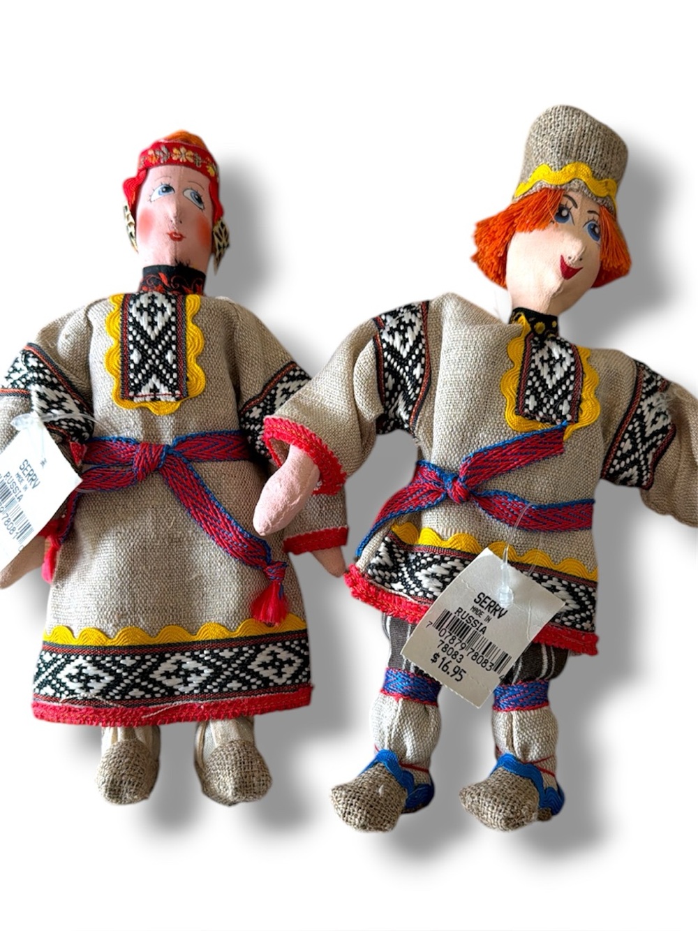 Handmade Russian Folk Cloth Dolls in Natural Linen with Red & Yellow Accents